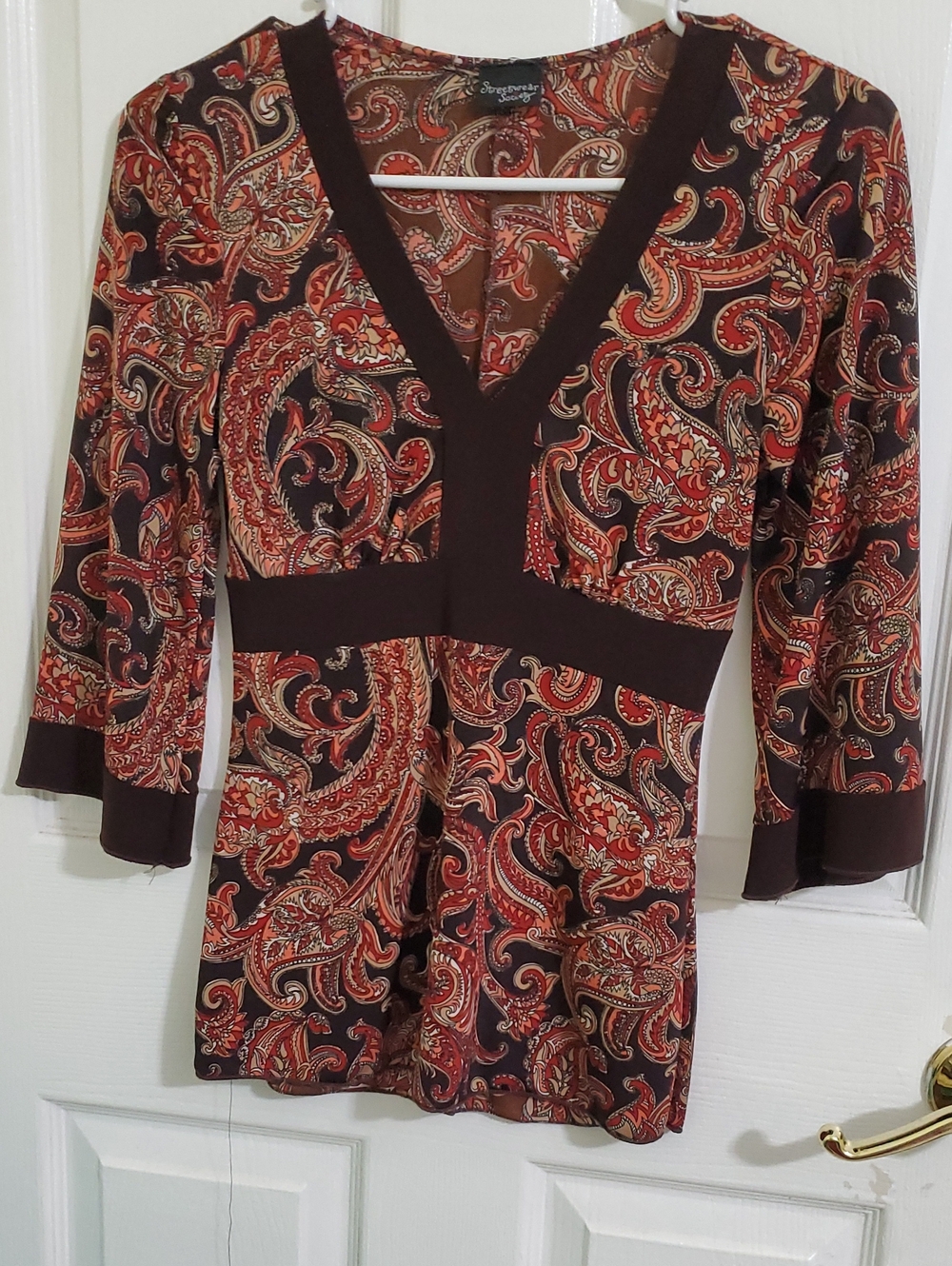 Streetwear Society Brown & Red Paisley V-Neck Flare 3/4 Sleeve Babydoll Top S